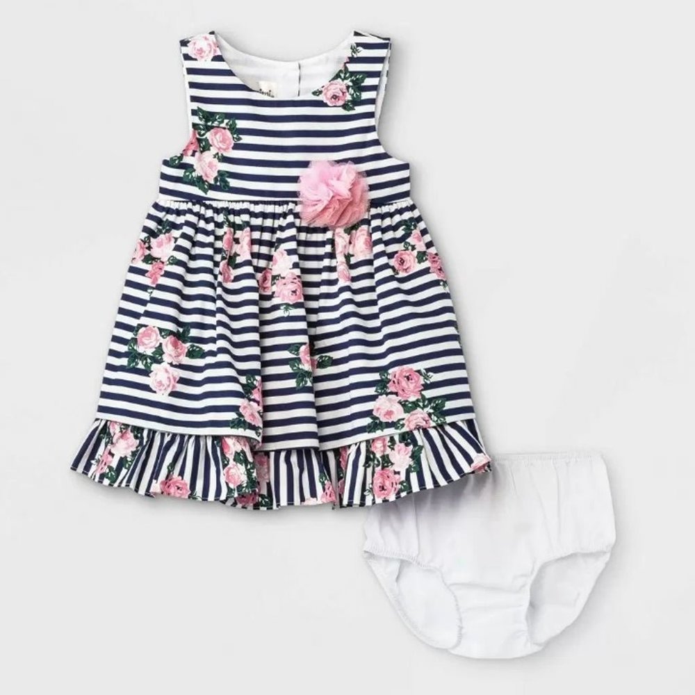 NEW! Mia & Mimi Baby Girls' Floral Striped Dress Navy